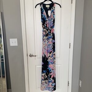 Yumi Kim Floral High Slit Maxi Dress with V-Neck and Open Back